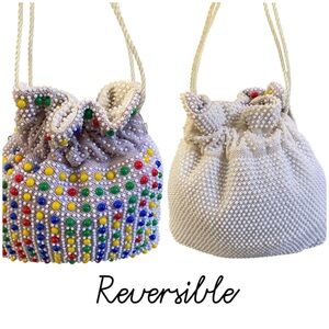 VTG Mademoiselle hand made beaded reversible drawstring pouch